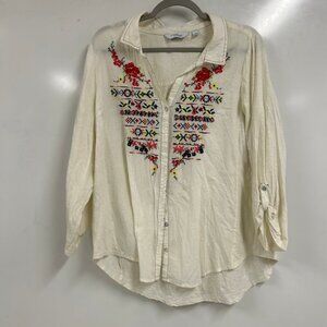 0512 Boho Embroidered Ivory Button-Up Blouse | Cottagecore Folk Floral Top